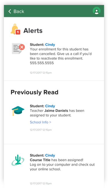 screenshots of the Alerts on the K12 App